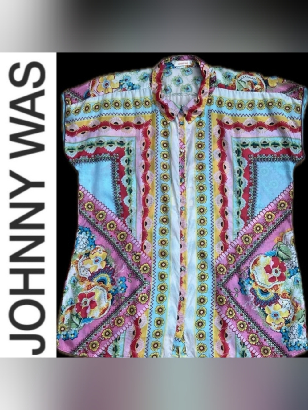 JOHNNY WAS XL EUC Silk Camp Shirt Pink & Aqua